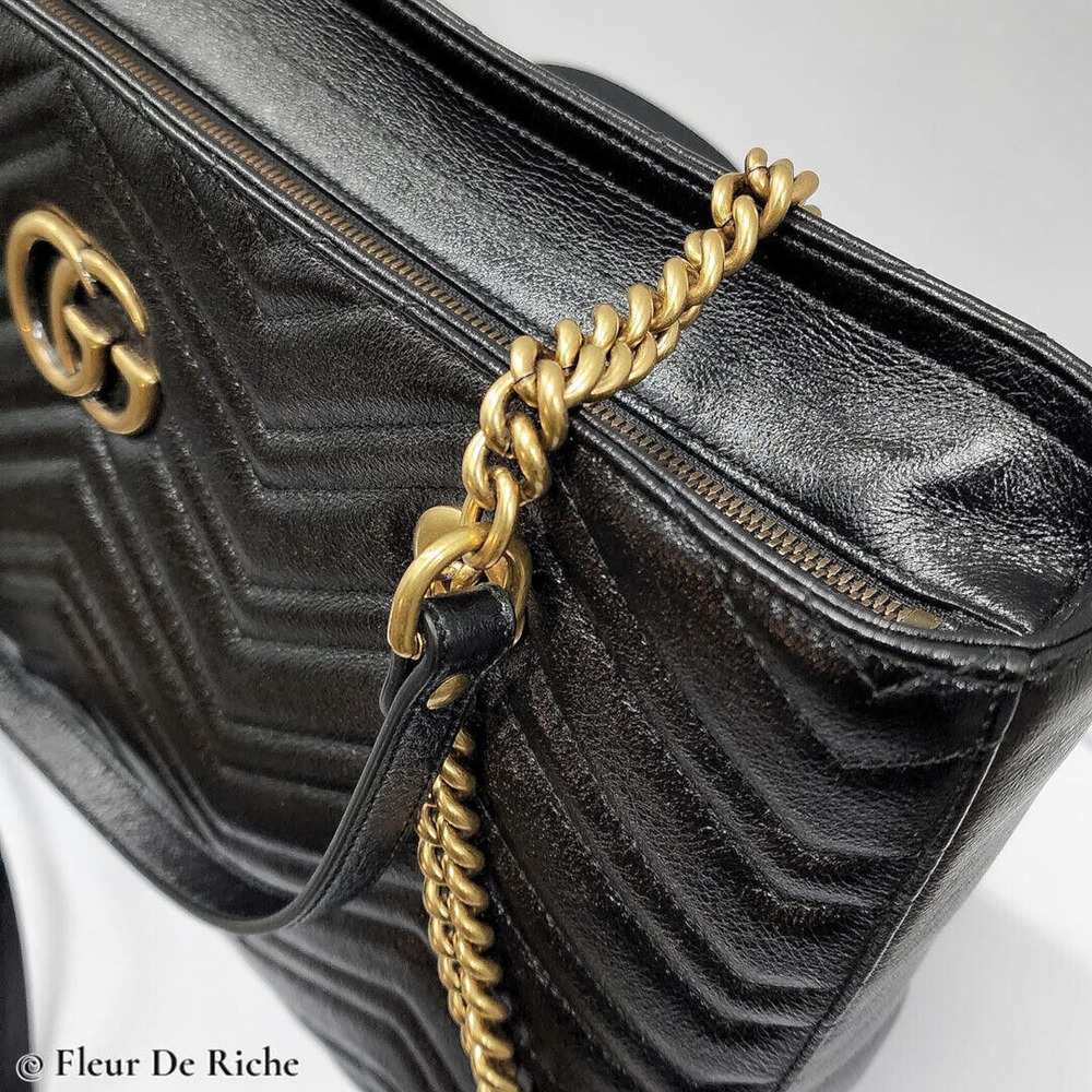 Gucci Calfskin Matelassé Medium GG Marmont Slim Tote Bag Black - Picture 2 of 7